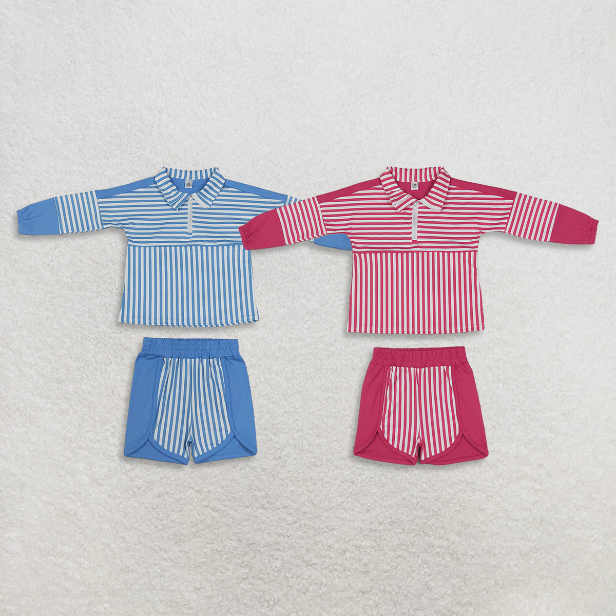 RTS NO MOQ Sibling yoga fabric Baby Girls Stripe Half Zip Pullover Top Shorts Yoga Clothes Sets