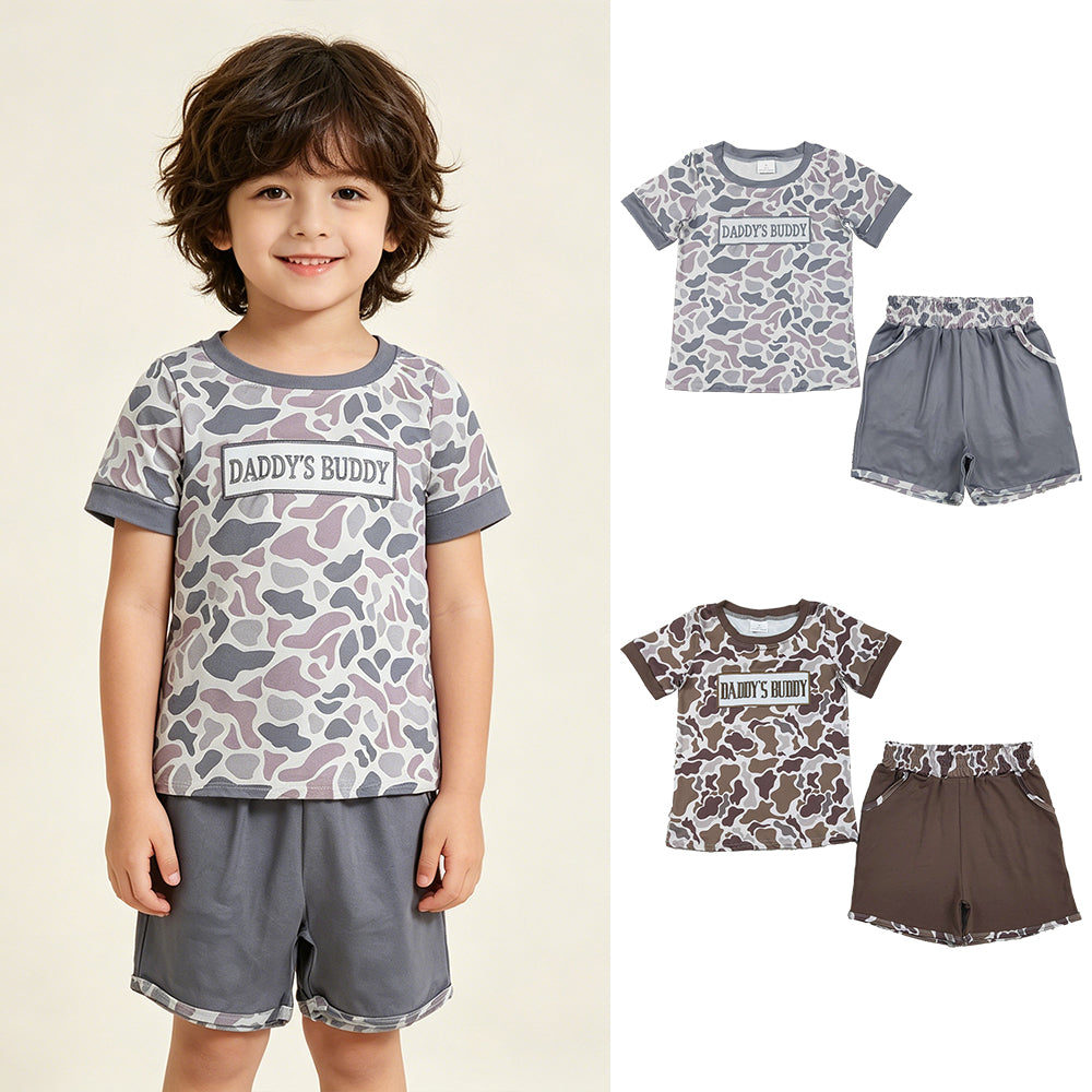 RTS NO MOQ Sibling Baby Boys Camo Pockets Shorts Set Embroidery Daddy's Buddy Clothes