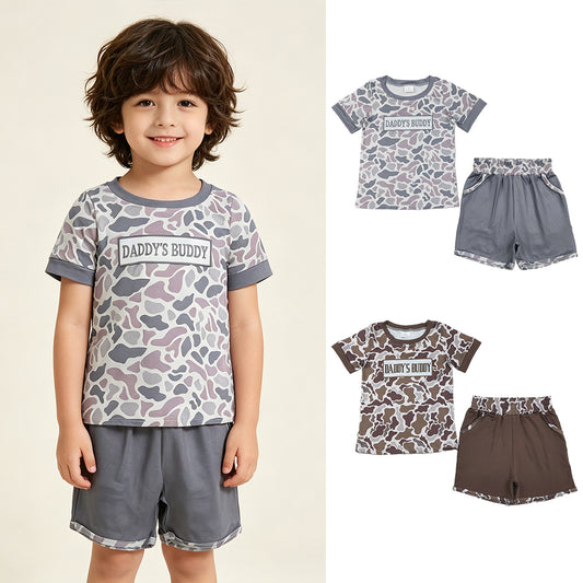 RTS NO MOQ Sibling Baby Boys Camo Pockets Shorts Set Embroidery Daddy's Buddy Clothes