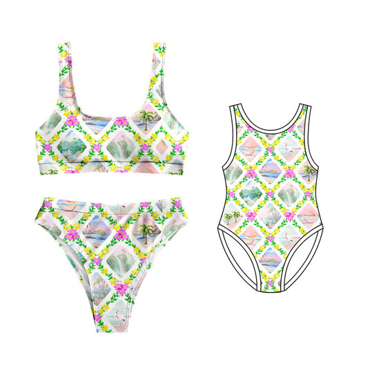 4.13  Custom moq 5 mix size Sibling Adult Women's Floral Plaid Top Bottom Swimsuits Sets one piece swimsuits