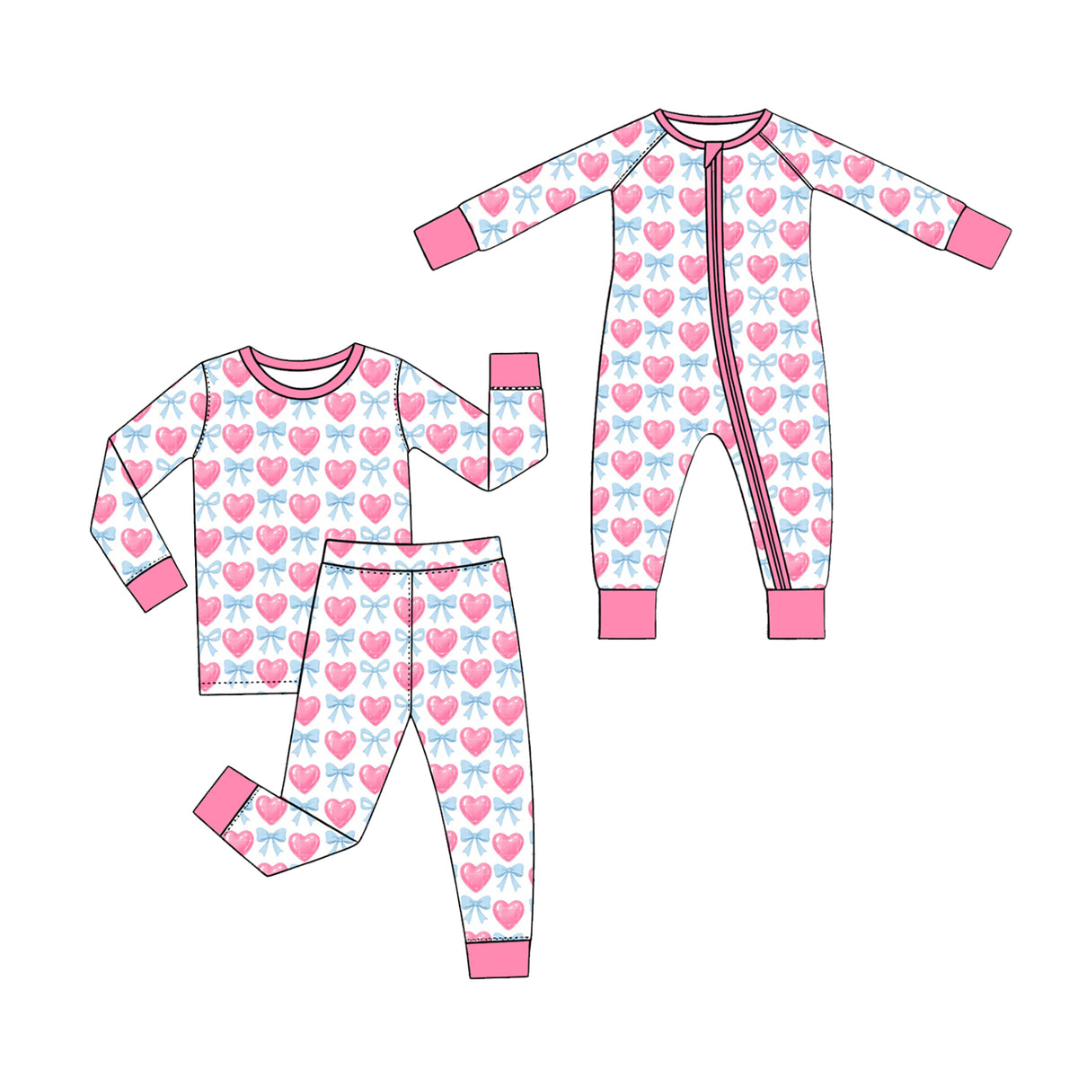 (Preorder new) No moq Baby Girls Pink Heart Blue Bow Print Long Sleeve Pajama Set And Zipper Romper
