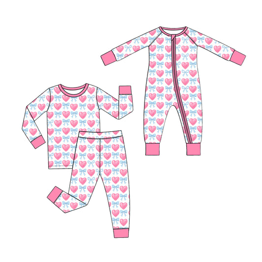 (Preorder new) No moq Baby Girls Pink Heart Blue Bow Print Long Sleeve Pajama Set And Zipper Romper