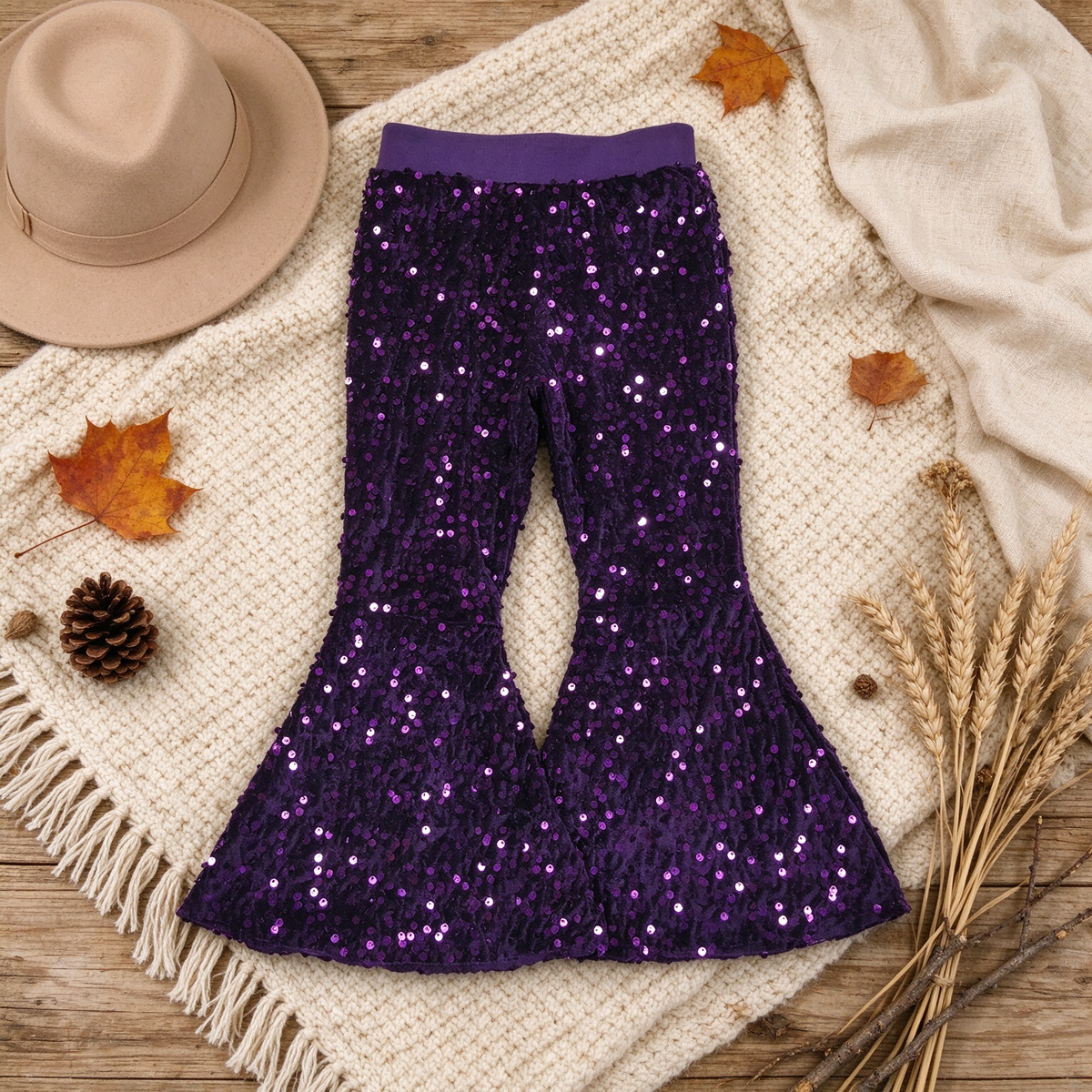 NEW RTS NO MOQ milk silk B4-11 Baby Girls Purple Sequin Bell Bottom Pants