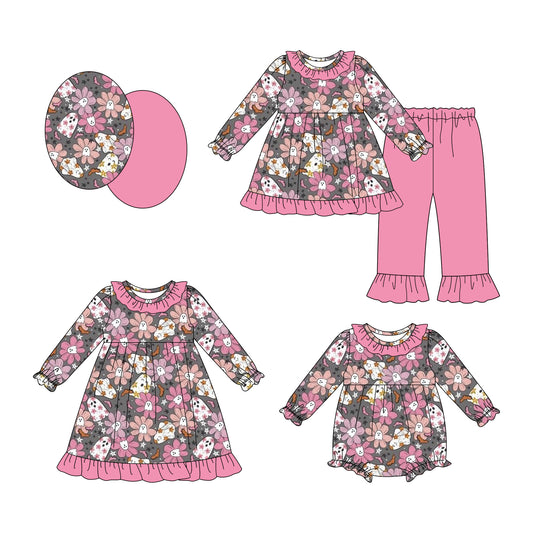 25.7.17 custom each style moq 5eta 4-6week Sibling Sisters ghost floral baby girl long sleeve pants sets and dress and rompers match family design