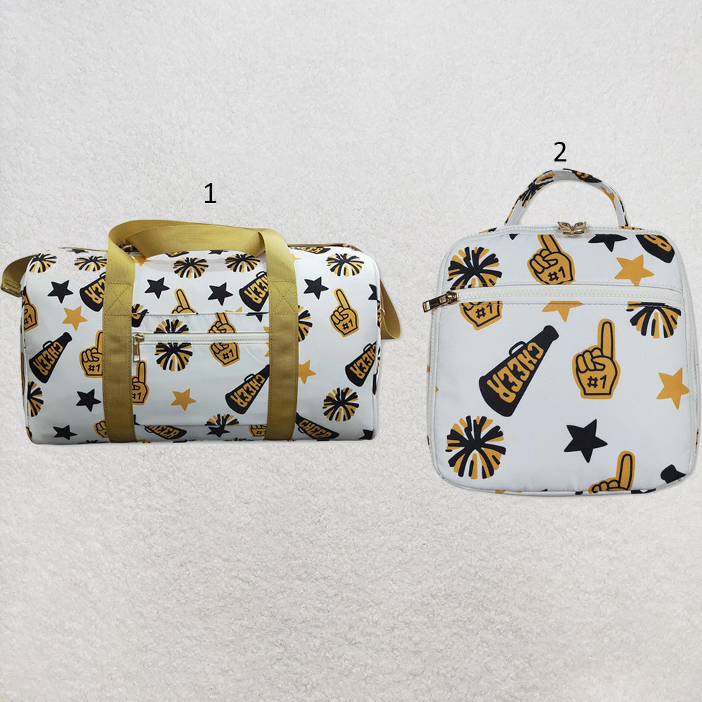 RTS NO MOQ Sibling milk silk Baby Kids Team Black Gold Cheer Zipper School Lunch Boxes Zipper Gym Bags