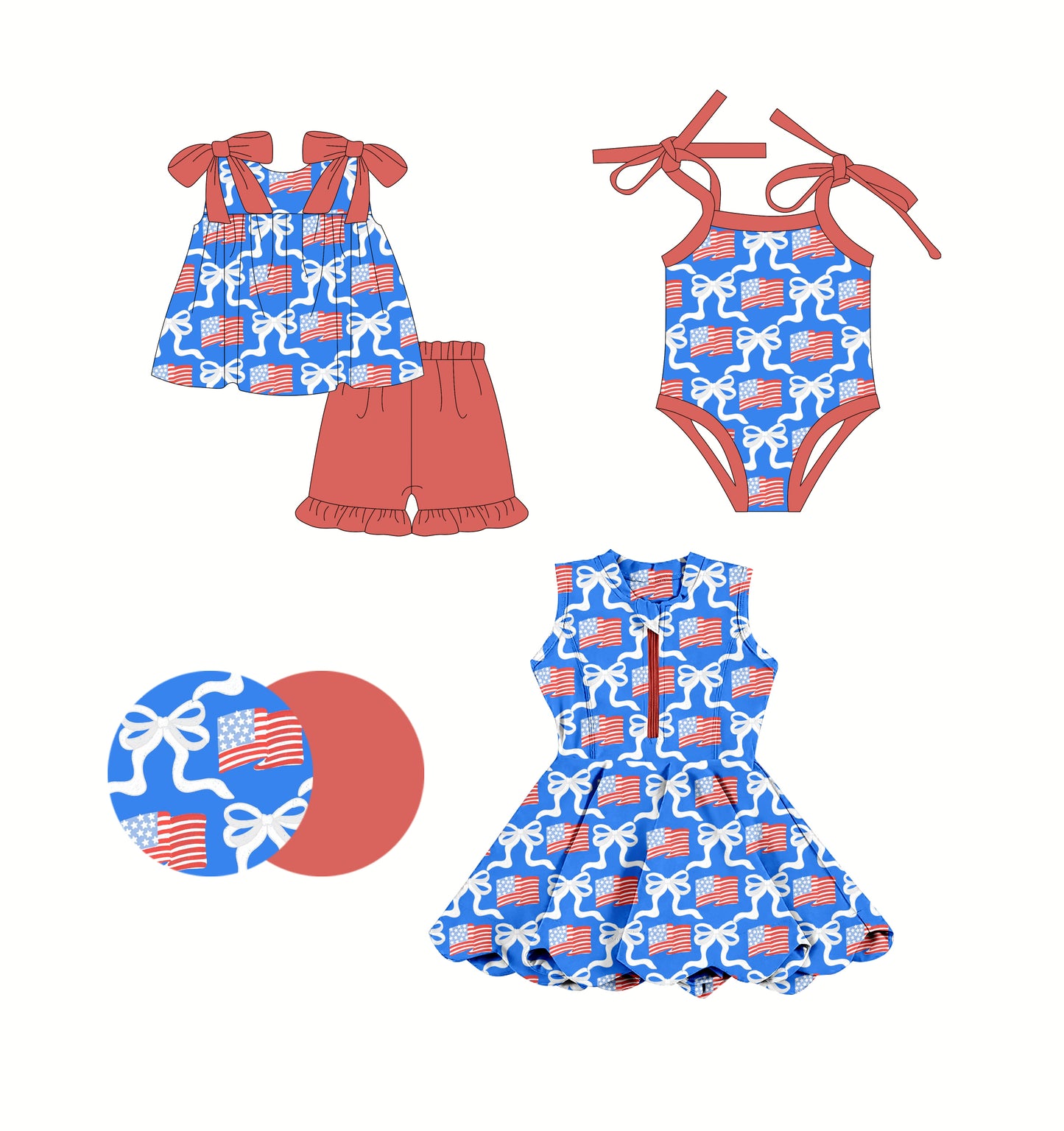 2.25 custom each style moq 5eta 4-6week Sibling Sisters flag bow baby girl short sleeve shorts sets and dress and rompers match family design
