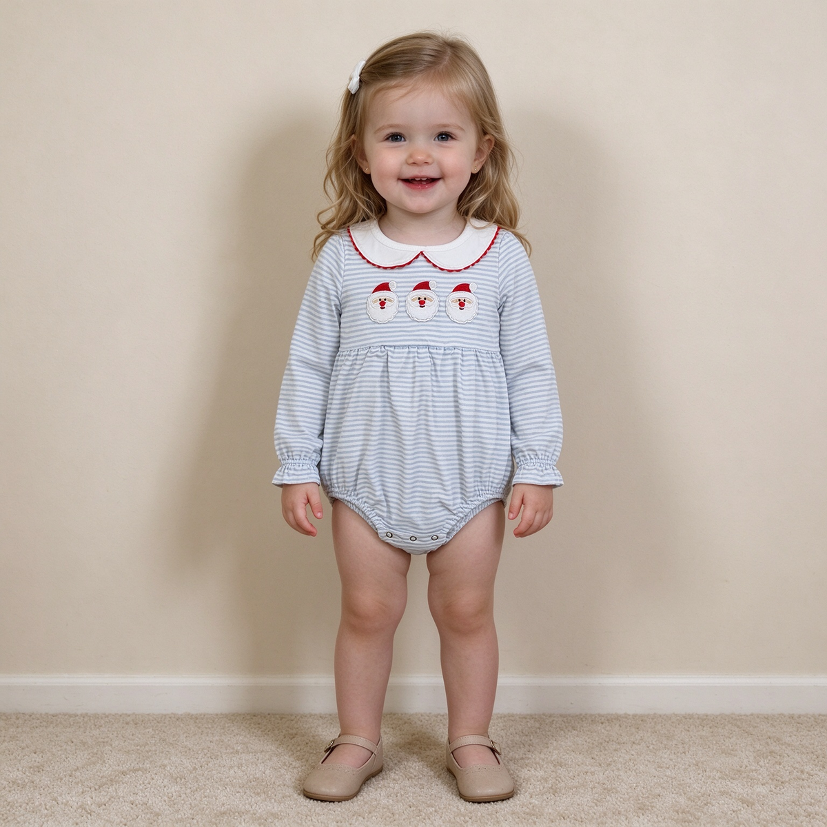 NEW RTS NO MOQ milk silk LR3136 Embroidery Baby Girls Cute Christmas Blue Stripe Santa Print Long Sleeve Ruffle Trim Rompers