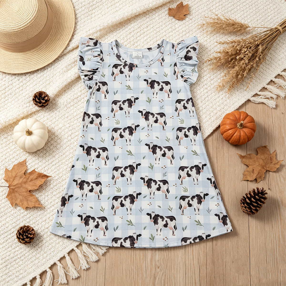 NEW RTS NO MOQ milk silk GSD3895 Baby Girls Flutter Sleeve Blue Checked Cows Farm Knee Length Cute Dresses