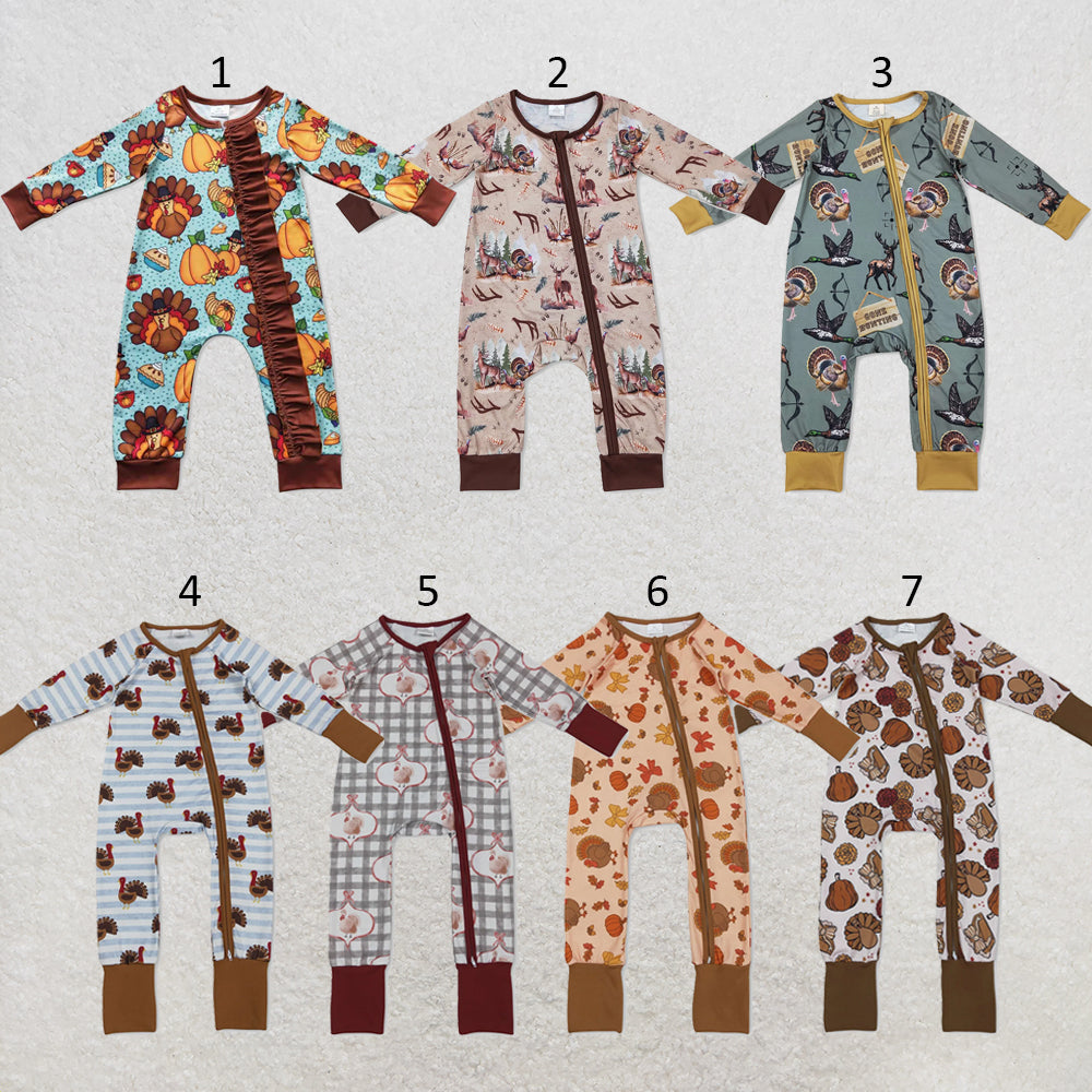 RTS NO MOQ Sibling milk silk Baby Cute Autumn Turkey Zipper Long Sleeve Rompers Holiday Outfit