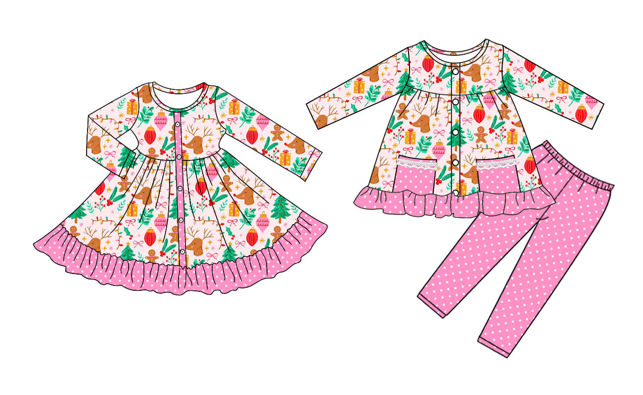 25.9.8 custom each style moq 5eta 4-6week Sibling Sisters Christmas trees bow baby girl long sleeve pants sets and dress match family design
