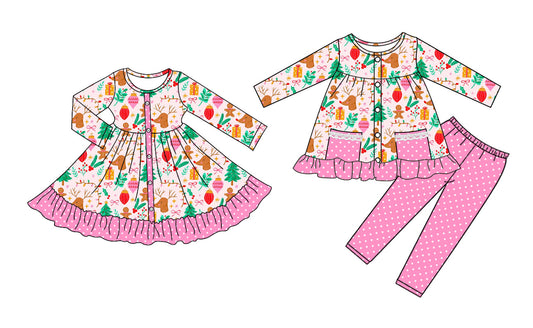 25.9.8 custom each style moq 5eta 4-6week Sibling Sisters Christmas trees bow baby girl long sleeve pants sets and dress match family design