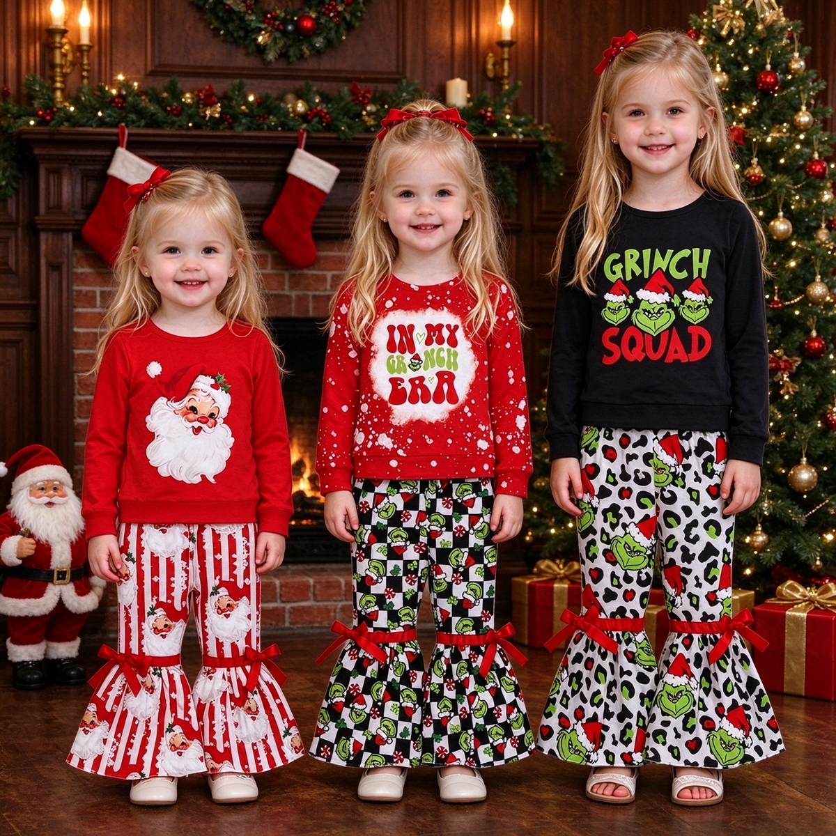 RTS NO MOQ Sibling milk silk Baby Girls Christmas Long Sleeve Top Bow Flared Pants Set