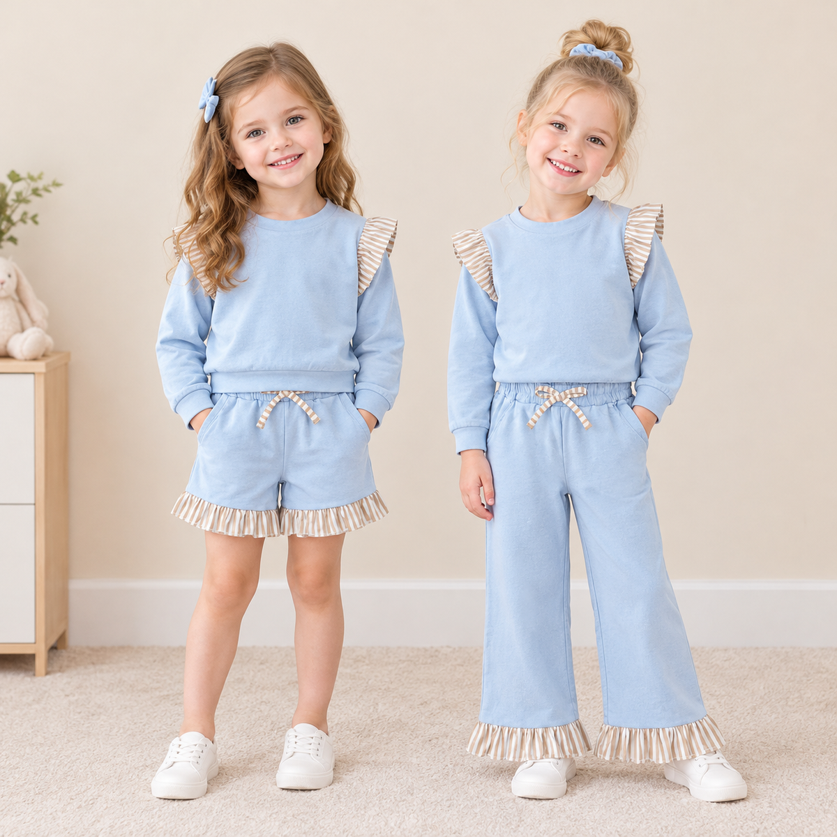 RTS NO MOQ Sibling cotton Baby Girls Green Light Blue Long Sleeve Top With Striped Ruffle And Matching Shorts Or Pants Set