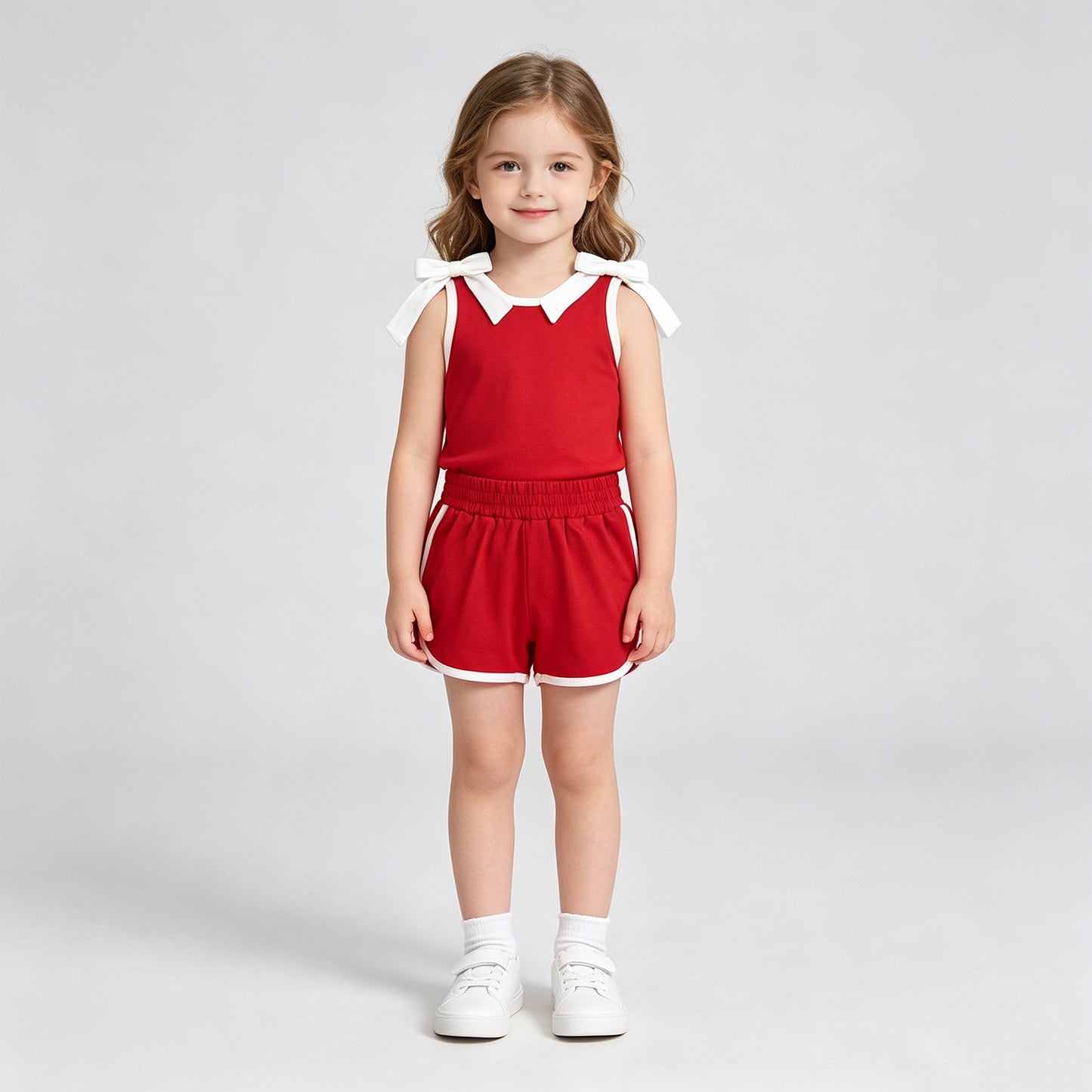 NEW RTS NO MOQ milk silk GSSO3821 Baby Girls Red White Bows Sleeveless Top Short Clothes Sets
