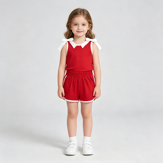 NEW RTS NO MOQ milk silk GSSO3821 Baby Girls Red White Bows Sleeveless Top Short Clothes Sets