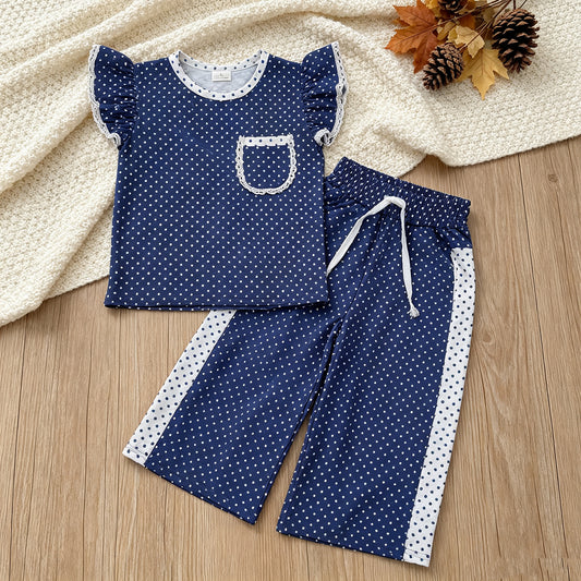 NEW RTS NO MOQ milk silk GSPO2372 Baby Girls Blue Polka Dots Pocket Top Flare Pant Clothes Set Fall Casual Outfit