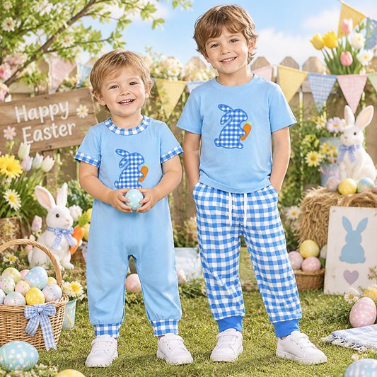RTS NO MOQ Sibling milk silk Baby Boys Blue Gingham Bunny Carrot Embroidery Romper And Short Sleeve Top Pant Set