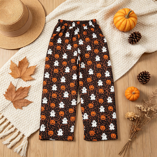 NEW RTS NO MOQ milk silk P1135 Baby Girls Ghosts Pumpkins Leopard Print Halloween Pockets Flare Pants
