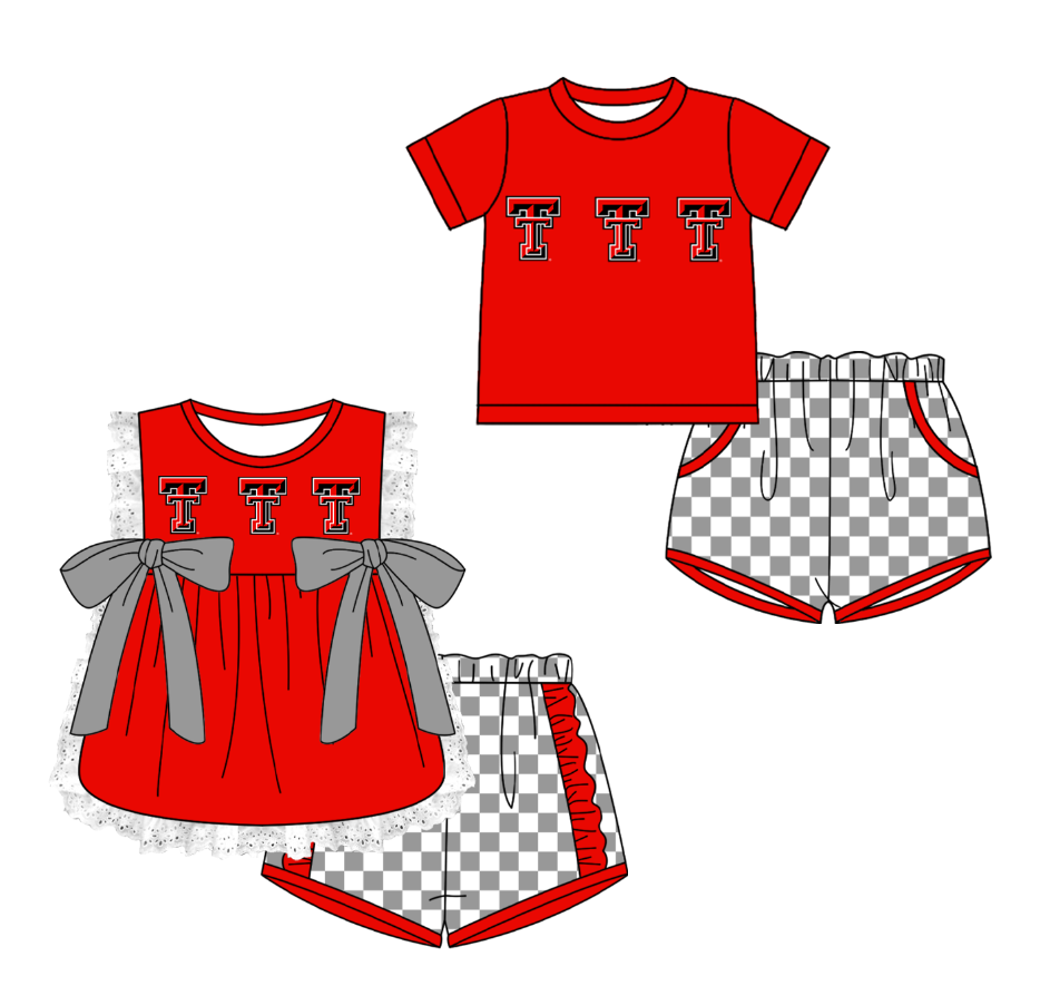 Custom moq 5 mix size milk silk summer teams Red Girl Sleeveless Top And Plaid Shorts Set with Bow Boy Short Sleeved Top And Plaid Shorts Set