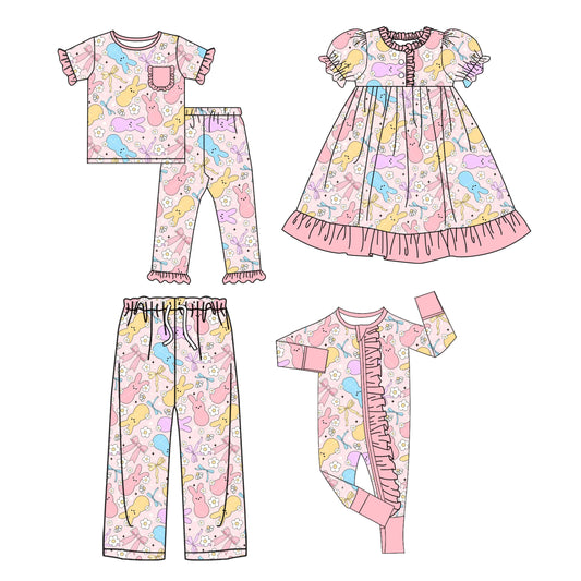 25.9.16 custom each style moq 5eta 4-8week Sibling Sister bunny bow floral baby short sleeve pants sets and romper and dress and adult pants match design
