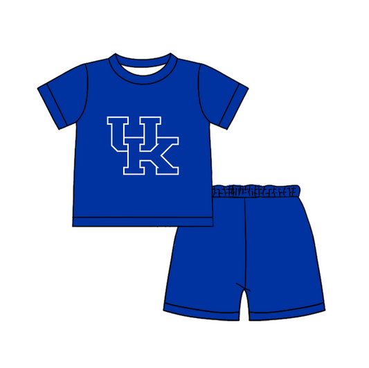 Custom moq 5 mix size milk silk summer teams Baby Boy's blue Short-Sleeved O-Neck Top And solid color Shorts Set