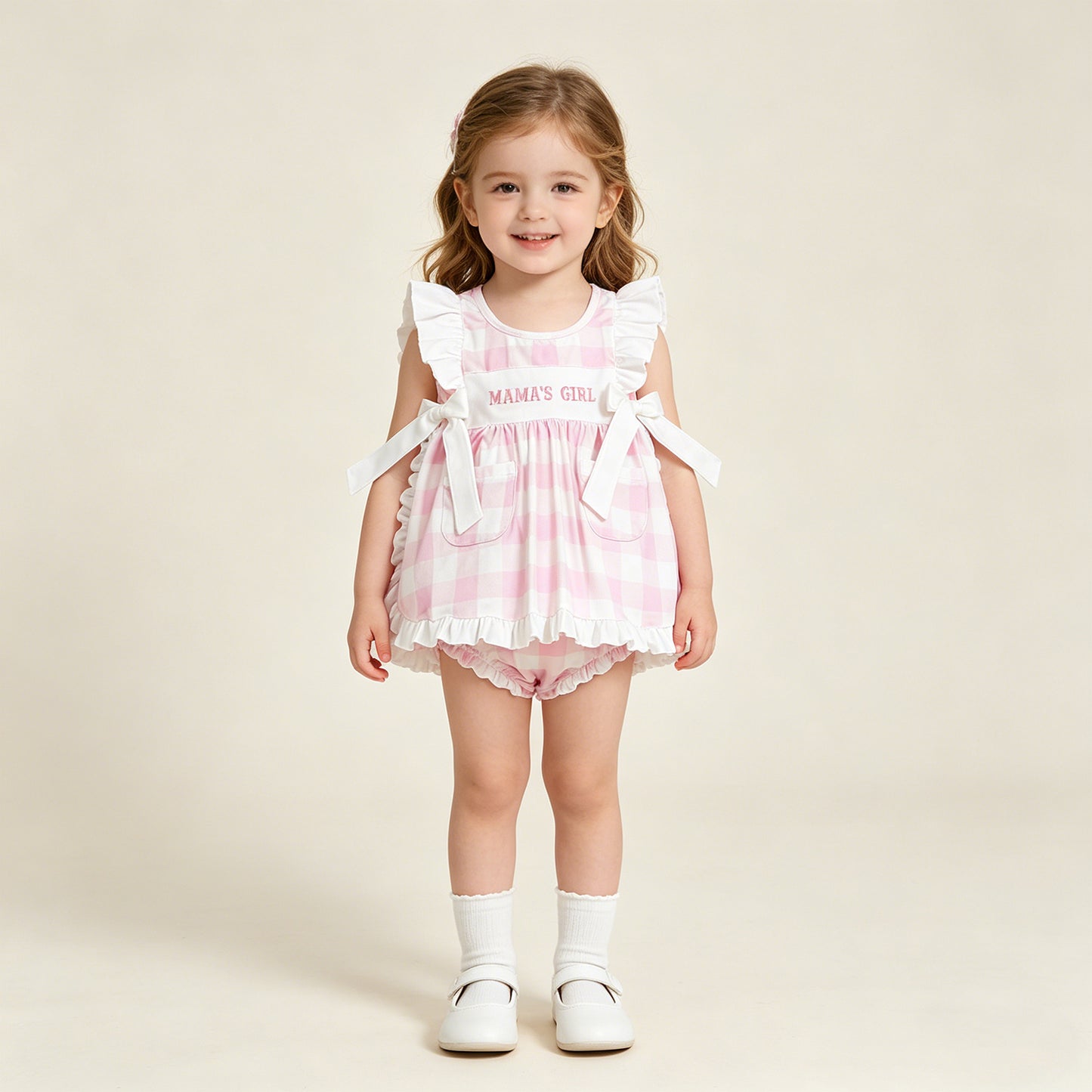 RTS NO MOQ GBO0495 milk silk Baby Girls Mama's Girl Embroidery Pink Checked Tunic Bummies Set