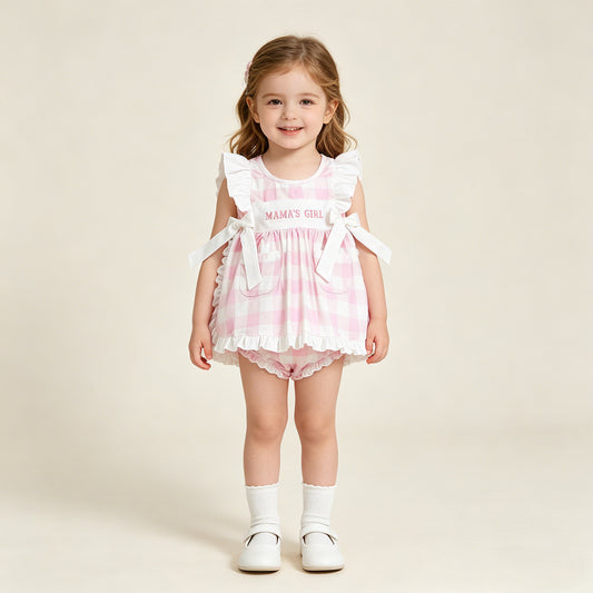 RTS NO MOQ GBO0495 milk silk Baby Girls Mama's Girl Embroidery Pink Checked Tunic Bummies Set