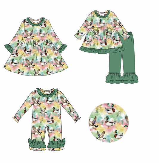 25.7.31 custom each style moq 5eta 4-6week Sibling Sisters duck baby girl long sleeve pants sets and dress and rompers match family design