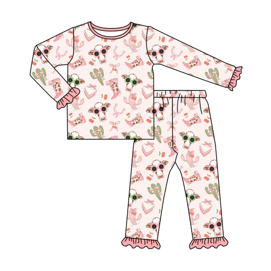 5.31 custom each style moq 5eta 4-6 week Sibling Sister cow catcus pink girls long sleeve and short sleeve outfits and dress and baby romper and jumpsuit match family design
