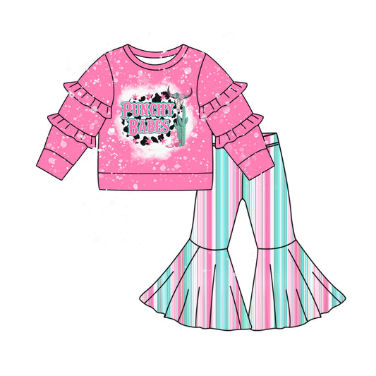 9.24 custom each style moq 5eta 4-6week baby girls clothes cow pink long sleeve pants sets