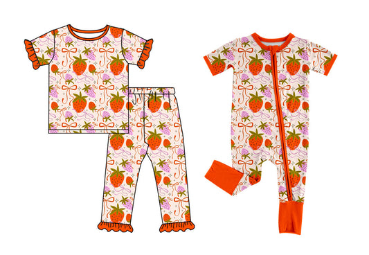 25.10.4 custom each style moq 8 eta 6-8week Sibling Sisters strawberry bow baby boy clothes short sleeve pants sets and romper match family design