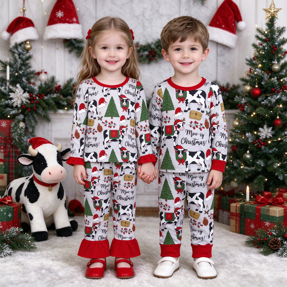 Baby Kids Moo-ey Christmas Cow Collection - Ruffle Lounge Set & Red Trim Pajama Set