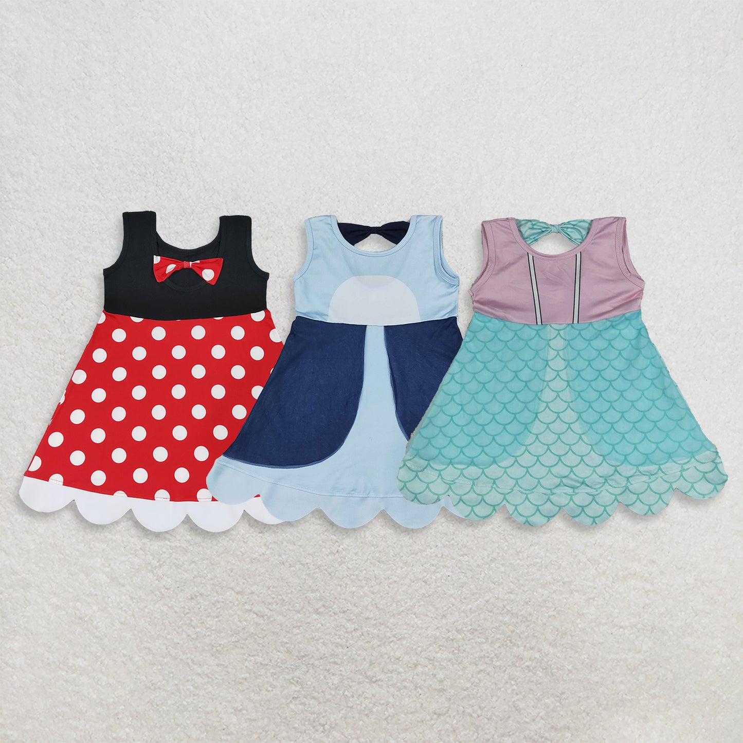 RTS NO MOQ Sibling milk silk Baby Girls Sleeveless Print Scallop Knee Length Dress