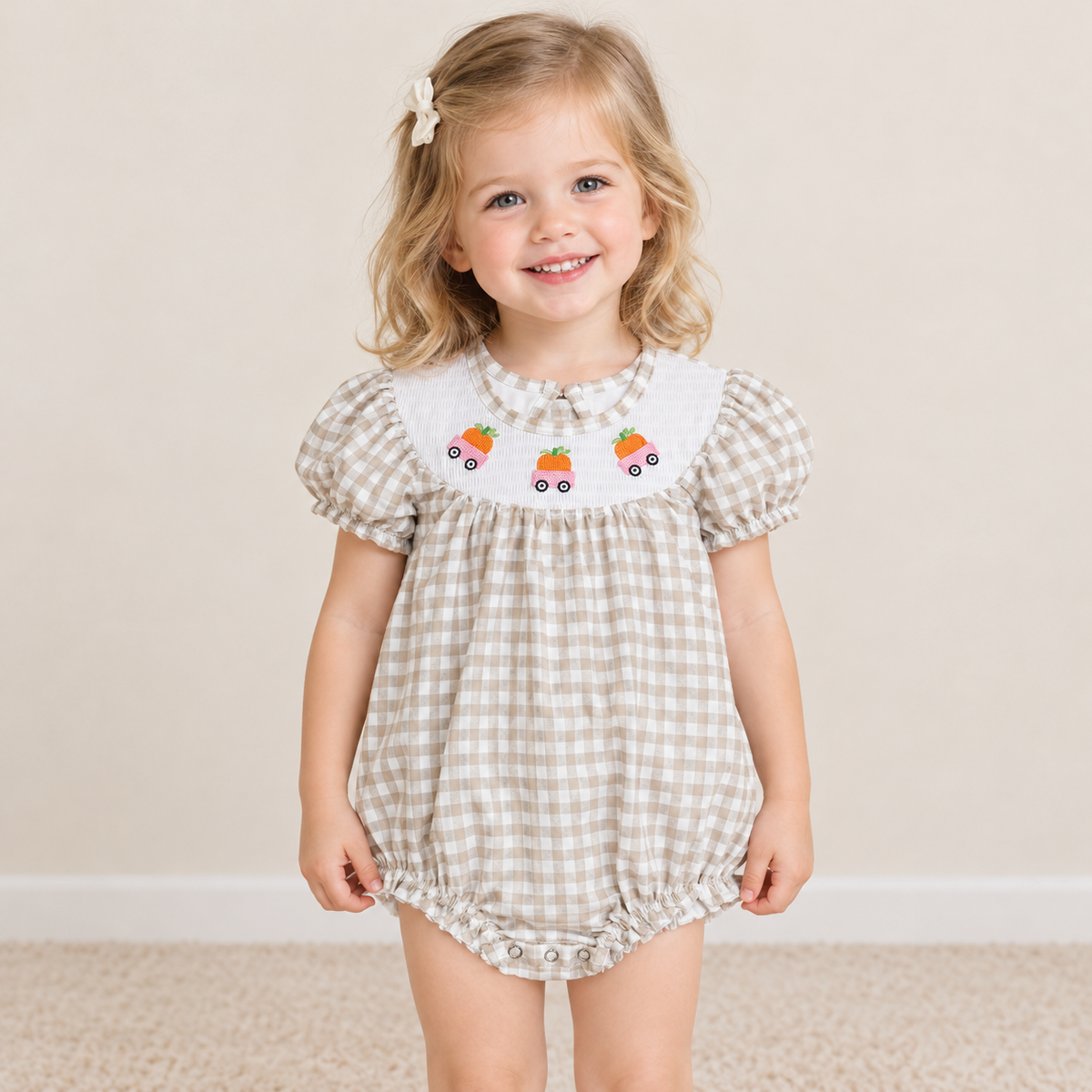NEW RTS NO MOQ milk silk SR4280 Smocked Baby Girls Khaki Checked Pumpkins Trucks Fall Ruffle Rompers