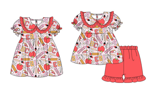 3.2 Custom moq 5 mix size Sibling Baby Girl's Back To School Short-Sleeved Top And Red Shorts Set Cute Dress for Summer