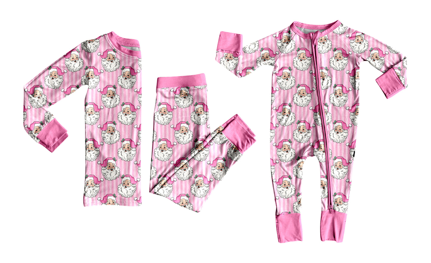 (Preorder new) No moq Baby Girls Christmas Pink Striped Santa Claus Print Long Sleeve Top And Pants Pajama Set Rompers