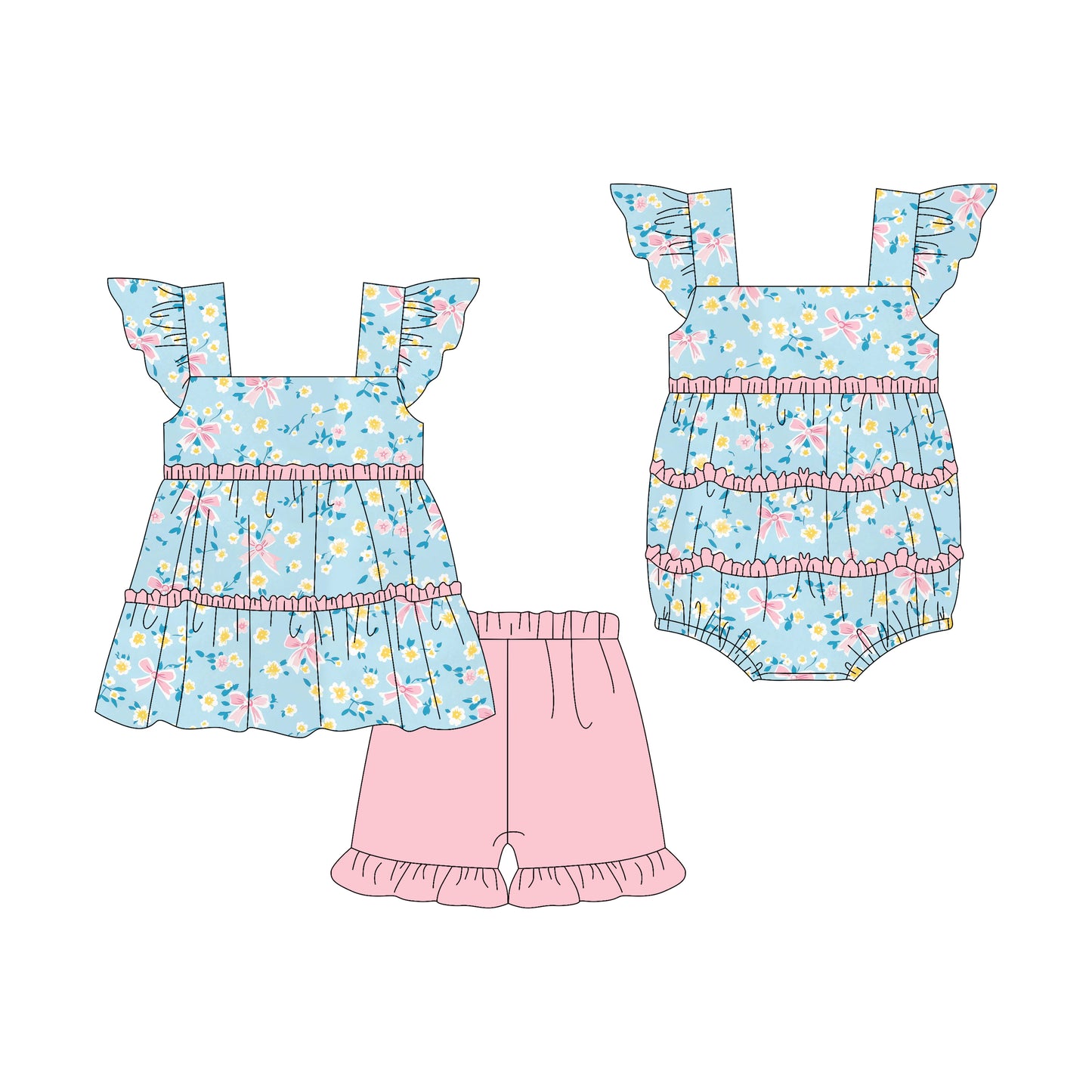 3.7 custom each style moq 5eta 4-6week Sibling Sister floral baby girl short sleeve shorts sets and romper match design