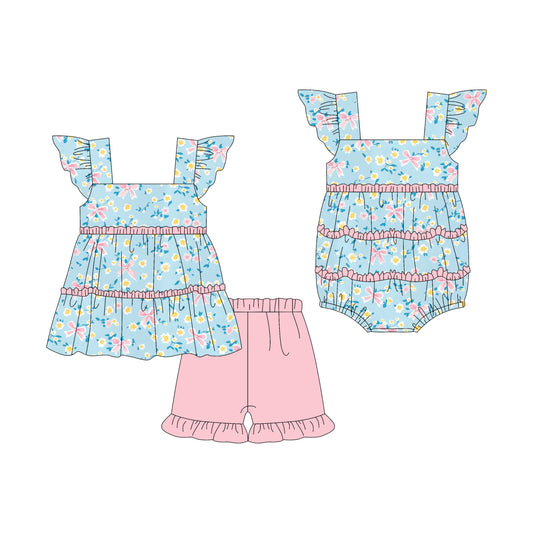 3.7 custom each style moq 5eta 4-6week Sibling Sister floral baby girl short sleeve shorts sets and romper match design
