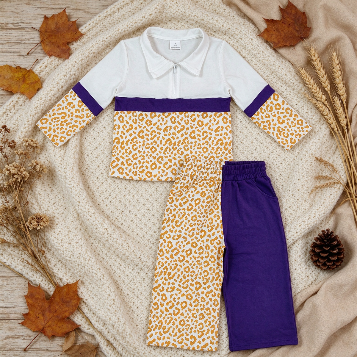 NEW RTS NO MOQ milk silk GLP3580 Baby Girls Color Block Purple Yellow Leopard Half Zip Collar Top Wide Leg Pants Casual Set