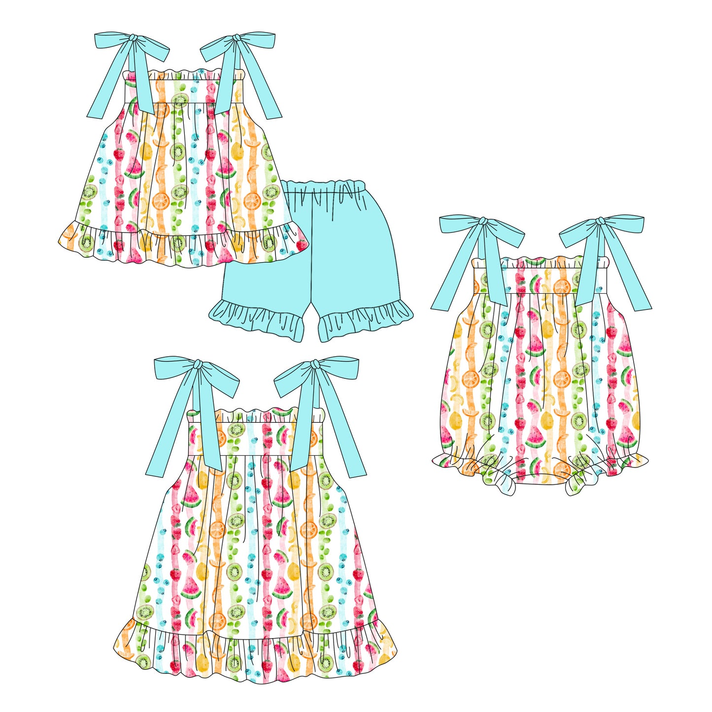 3.14 Custom moq 5 mix size Sibling Cute Clothes Baby Girl's Blue Strap Top And Blue Short Set Matching Romper Dress for Summer