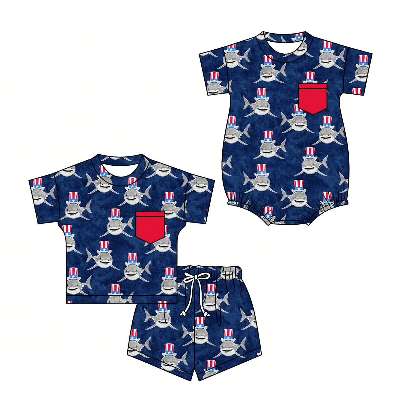 3.6 Custom moq 5 mix size Sibling Baby Boys Navy Blue Romper Short-Sleeved Top And Shorts Set Summer 4th of July Outfit