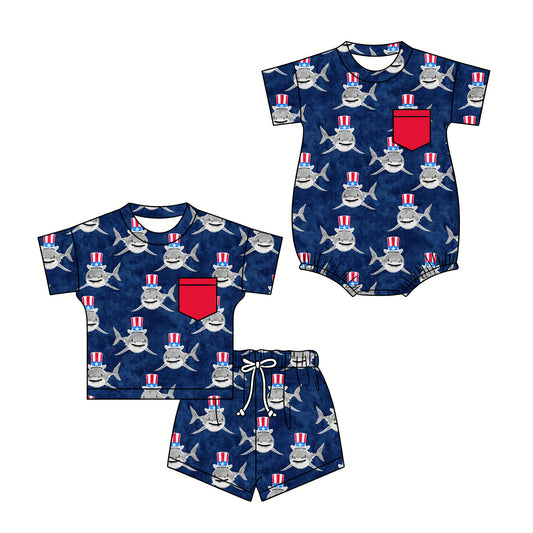 3.6 Custom moq 5 mix size Sibling Baby Boys Navy Blue Romper Short-Sleeved Top And Shorts Set Summer 4th of July Outfit