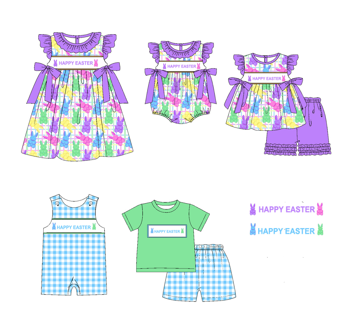 11.20 custom each style moq 5eta 4-6week Sibling Sister HAPPY EASTER bunny baby girl short sleeve shorts sets and sets 2 and girls romper and boy romper and dress match design