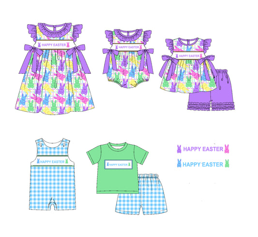 11.20 custom each style moq 5eta 4-6week Sibling Sister HAPPY EASTER bunny baby girl short sleeve shorts sets and sets 2 and girls romper and boy romper and dress match design