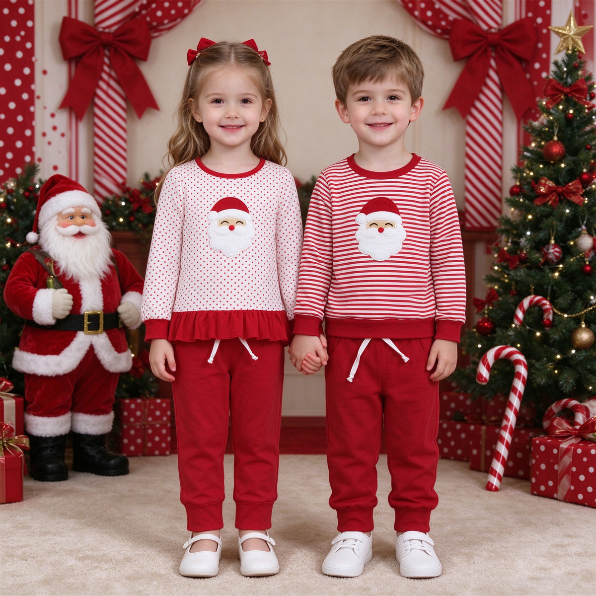 Baby Kids Christmas Santa 2-Piece Collection - Red Polka Ruffle Set & Red Stripe Jogger Set