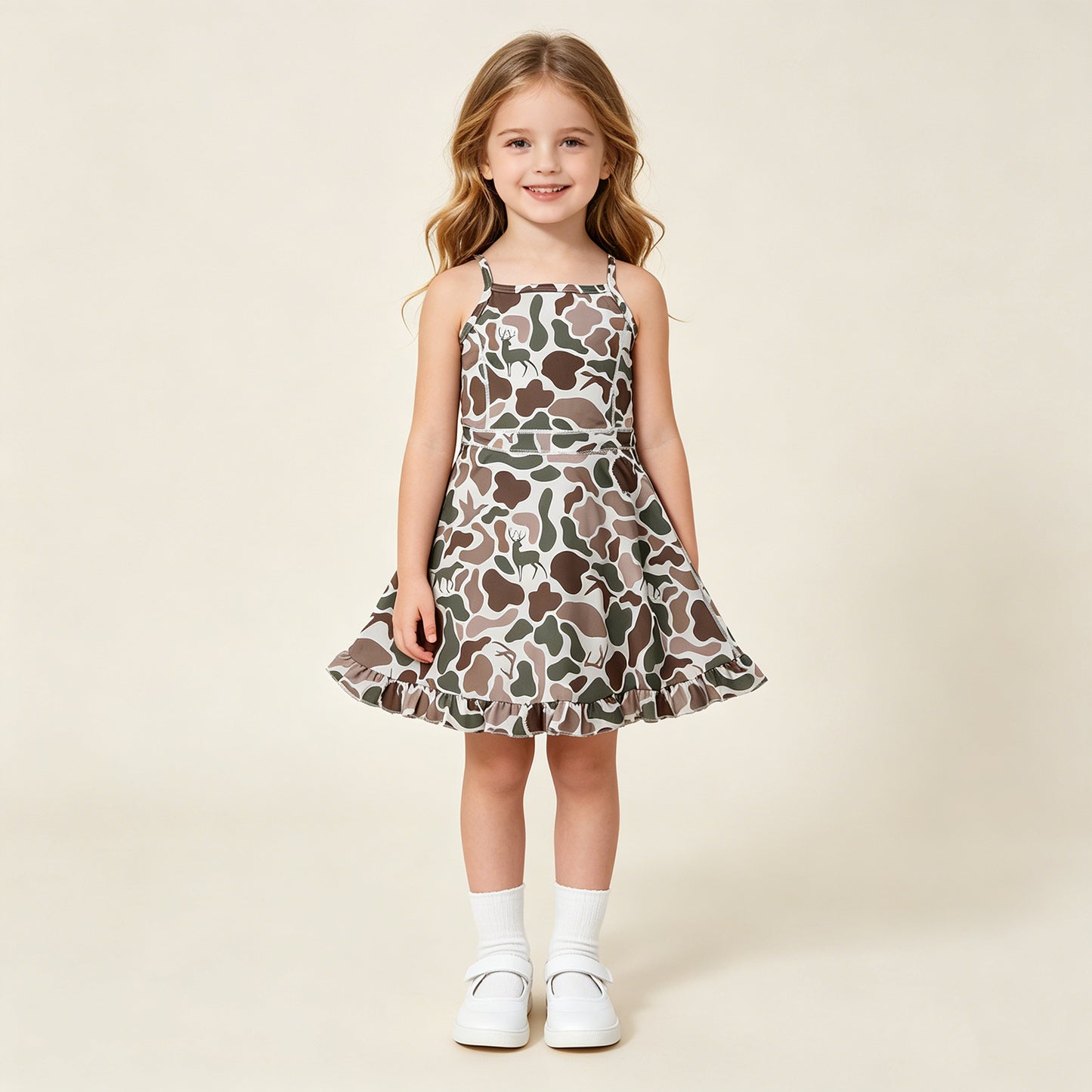 RTS NO MOQ yoga fabric GSD4117 Baby Girls Green Camo Deer Dog Duck Print Strap Ruffle Knee Length Dress