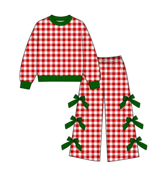 custom moq 5 mix size Toddler Girls Red White Gingham Long Sleeve Top And Green Bow Wide Leg Pants Christmas Outfit Set
