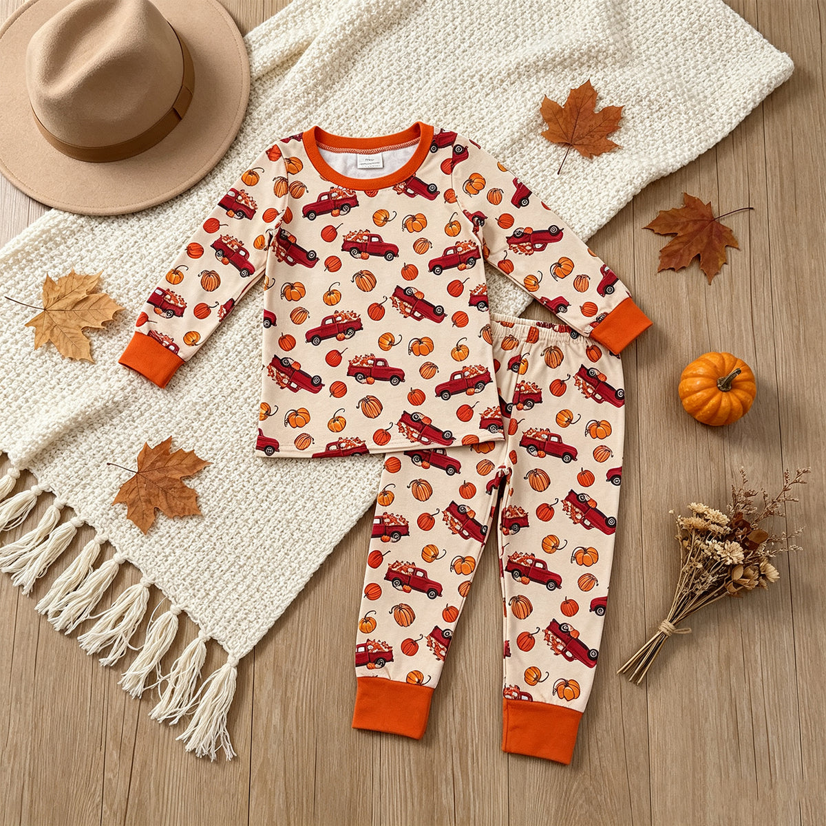NEW RTS NO MOQ milk silk BLP1541 Baby Boys umpkins Trucks Print Top Pant Fall Pajamas Sets