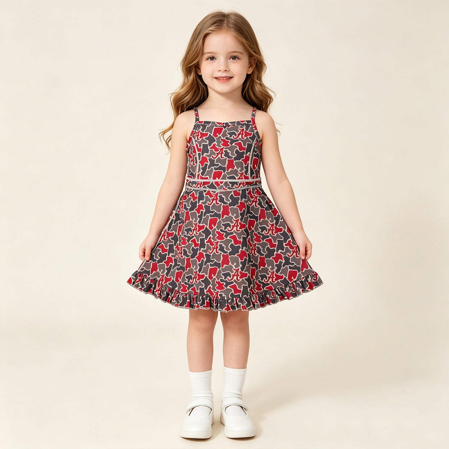RTS NO MOQ yoga fabric GSD3592 Baby Girls Strap Camo Team Sport Style Ruffle Knee Length Dresses