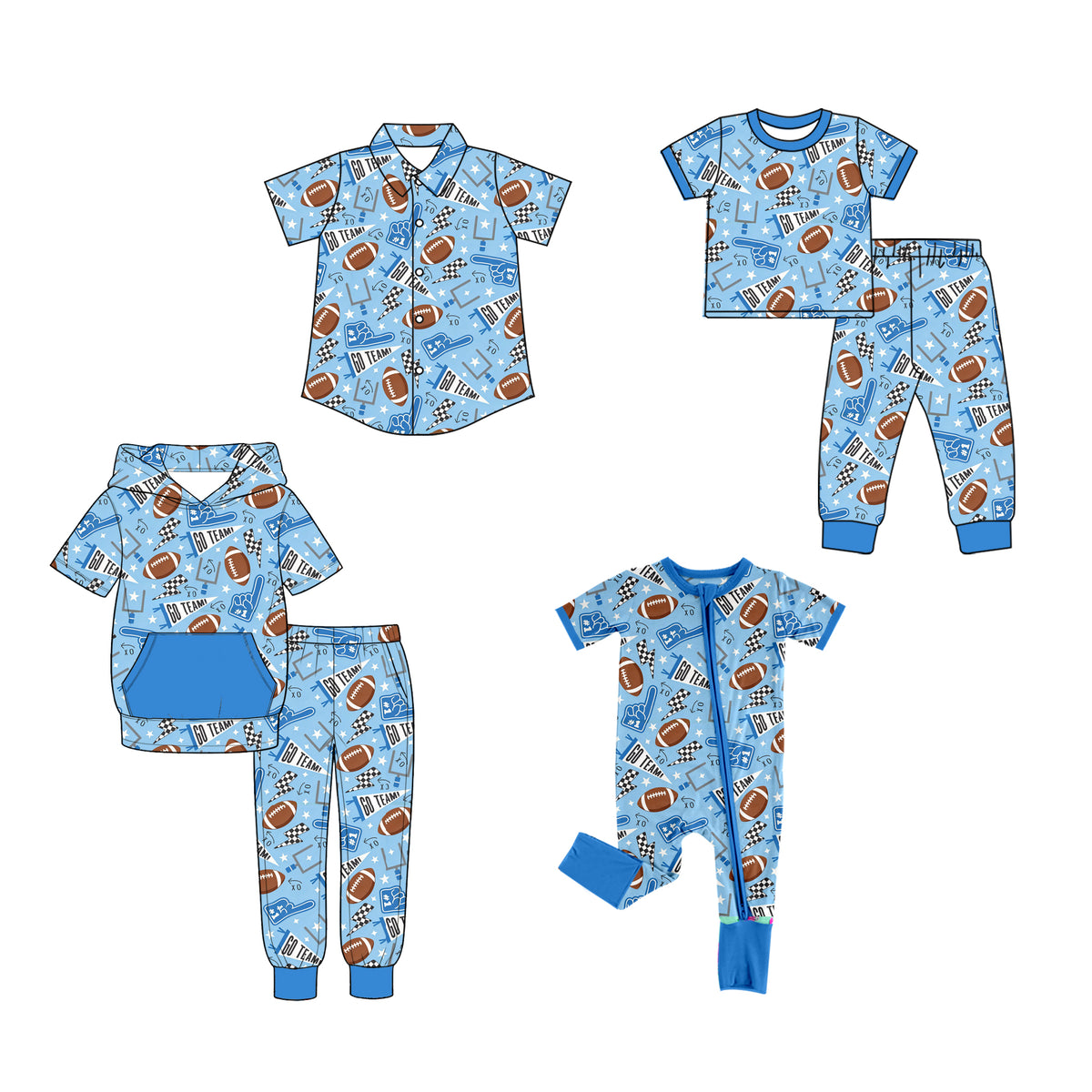 (Preorder new) No moq Baby Boys Football Print Sets Short Sleeve Button Shirt Pjs Hoodie Pant And Zipper Romper